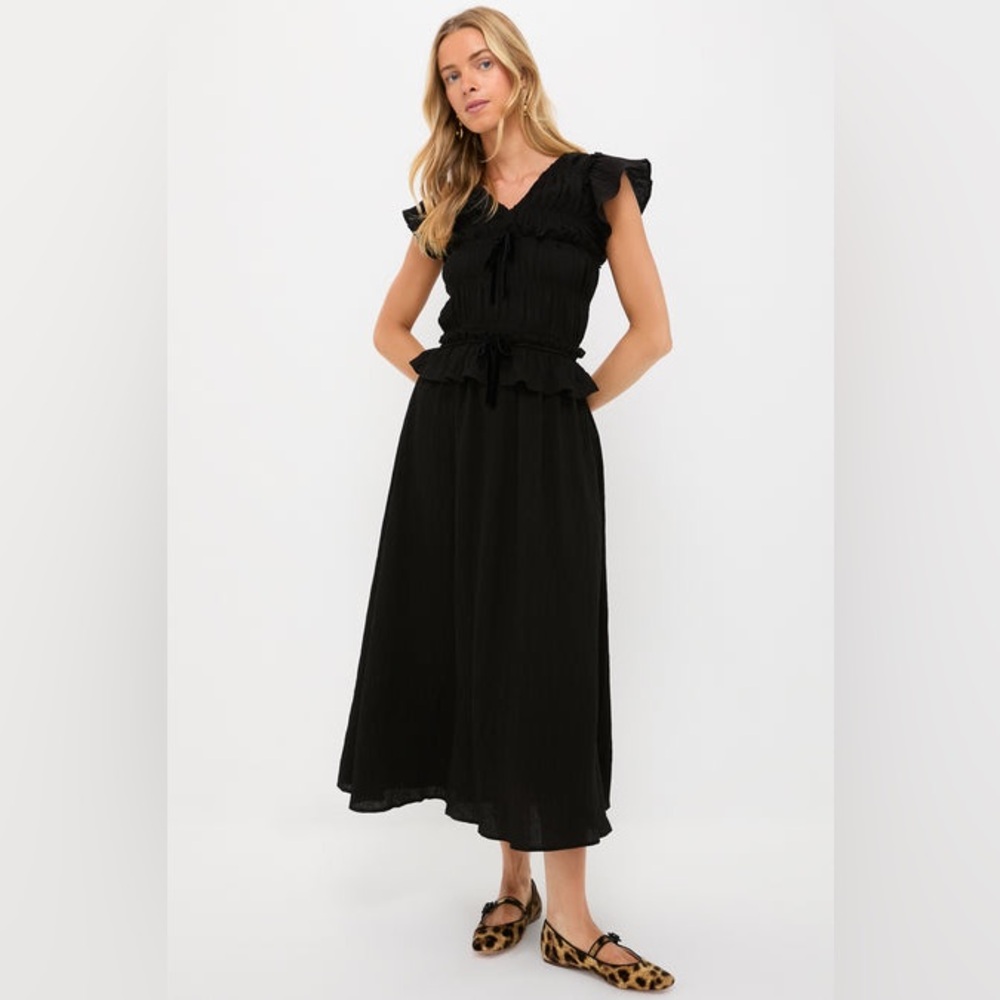 Tuckernuck Moon River Black Flutter Sleeve Smocked Bodice Midi Dress Ruffle Trim - Picture 4 of 11